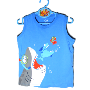 C&A tanktop blauw met grappige print over een slice of pizza maat 104