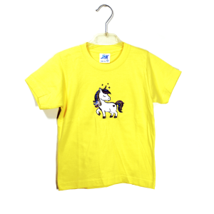 Shirtje geel met wit eenhoorntje met glitter manen en staart maat 98/104